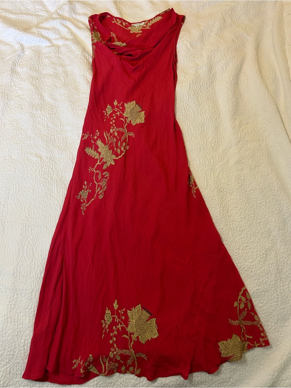 Vintage Fleur Bleue Red Cowl-Neck Maxi Dress with Gold Floral